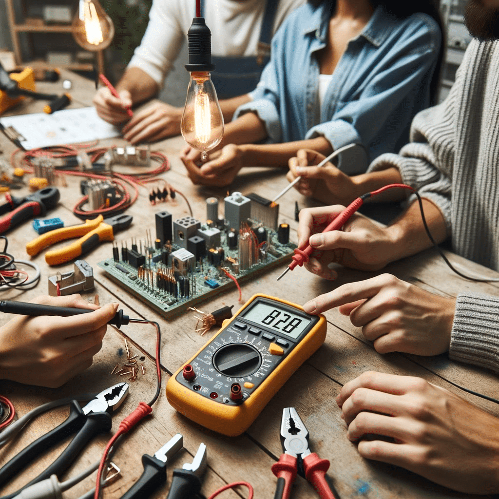 group of people figuring out  how to use a multimeter