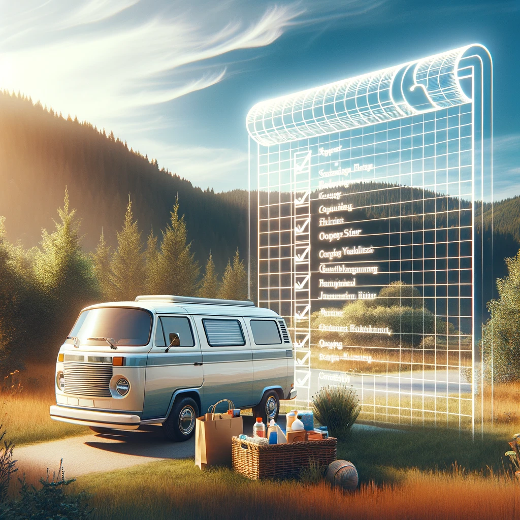 Modern camper van in a serene nature setting with a transparent shopping list overlay, symbolizing DIY camper building and customization