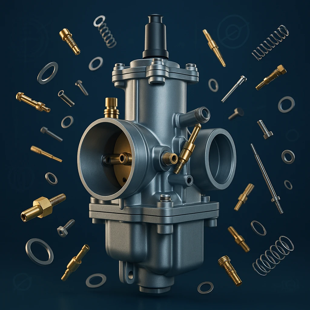 Illustration of a carburetor, including pilot jet, needle adjustment, and main jet tuning.